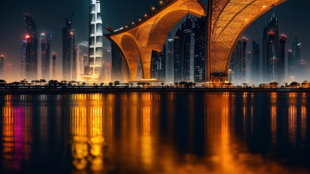 Dubai cityscape at night with a bridge and the reflection of the dubai skyline