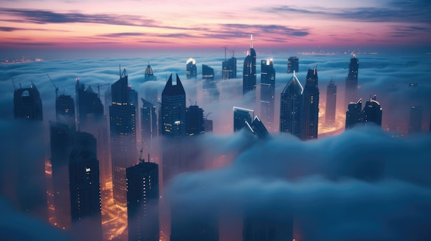 Dubai downtown is covered with dense fog in the winter