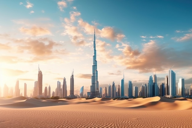 Dubai downtown skyline panorama at sunset with desert sand United Arab Emirates