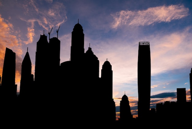 Dubai marina cityscape silhouette on sunset