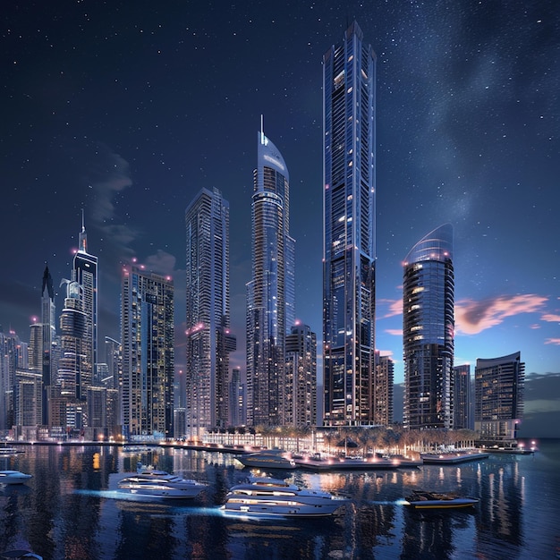 Dubai Marina at night in Dubai UAE Dubai was the fastest developing city in the world