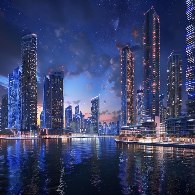 Dubai Marina at night in Dubai UAE Dubai was the fastest developing city in the world