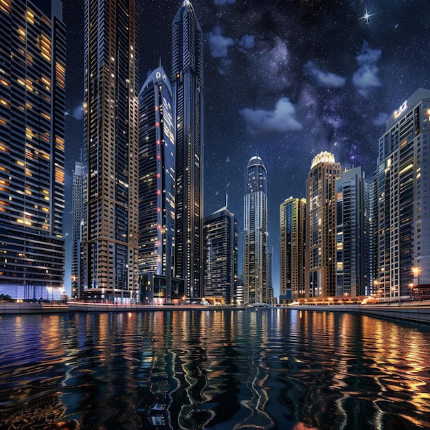 Photo dubai marina at night in dubai uae dubai was the fastest developing city in the world