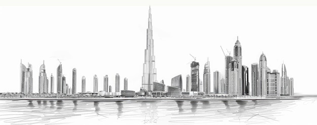 Dubai Marina with skyline and tall skyscrapers Striking black and white photograph of Dubai M