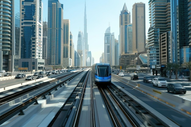 Photo dubai metro among glass skyscrapers worlds longest automated metro network