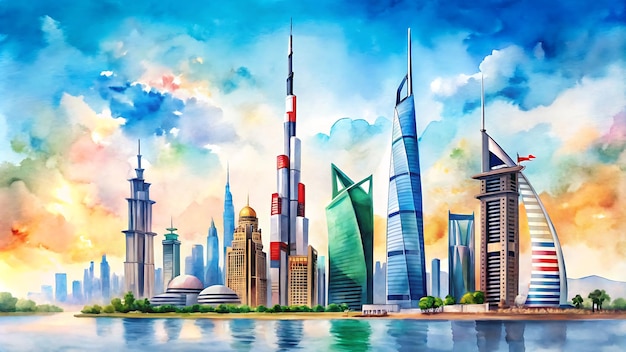 Dubai National Day Poster Watercolor Illustration with Iconic Buildings