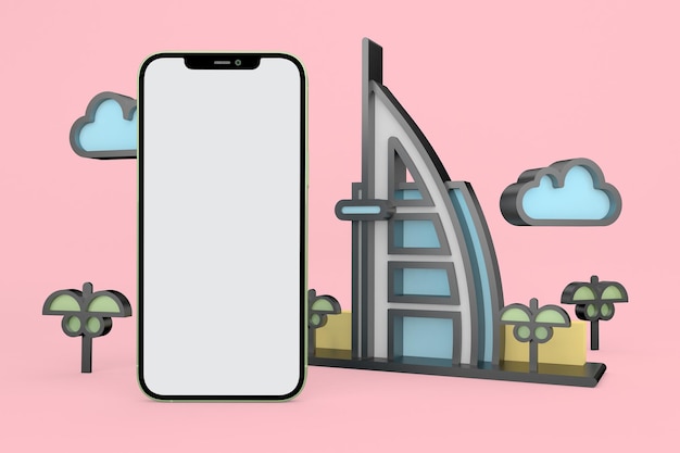 Dubai and Phone Front Side In Pink Background