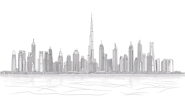 Dubai Skyline Illustration Hand Drawn Cityscape of Modern Buildings