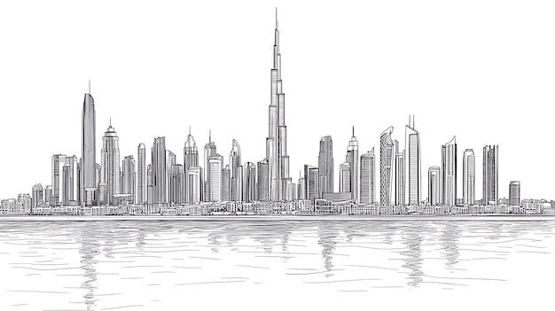 Dubai Skyline Illustration with Burj Khalifa and Water Reflection