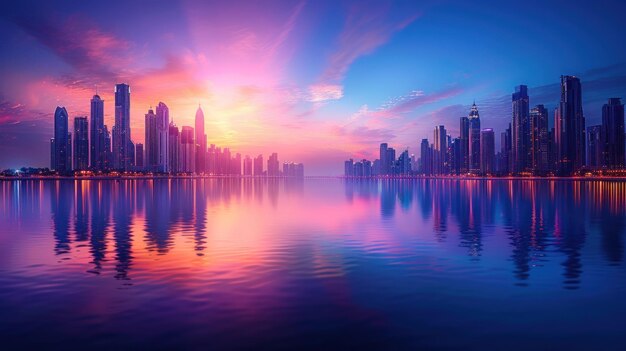 Photo dubai skyline at sunrise