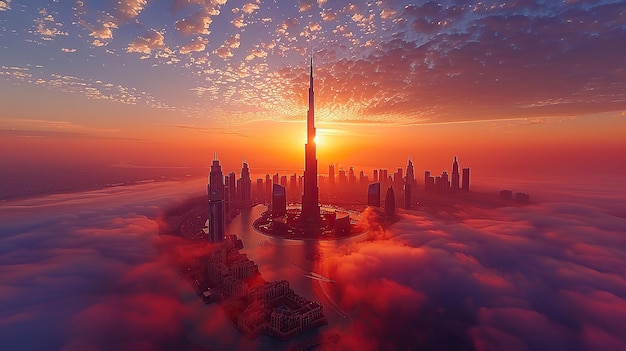 Dubai Skyline at Sunset Through the Clouds