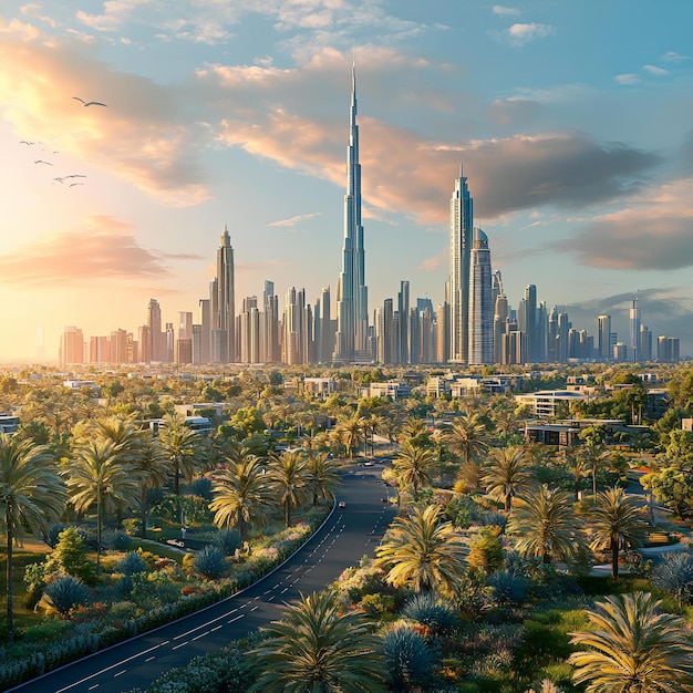 Photo dubai skyline at sunset united arab emirates 3d rendering