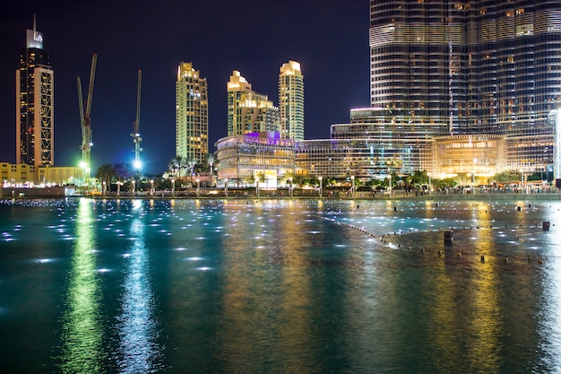 Dubai, UAE the famous fountain in the lake near the Burj Khalifa before performance