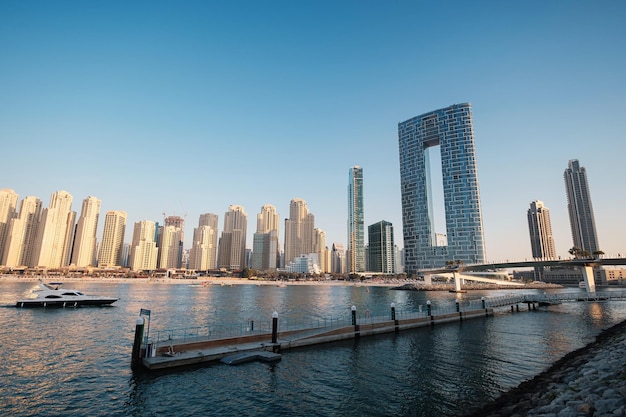 Dubai UAE February 15 2020 Marina JBR Beach Sea water font tall buildings