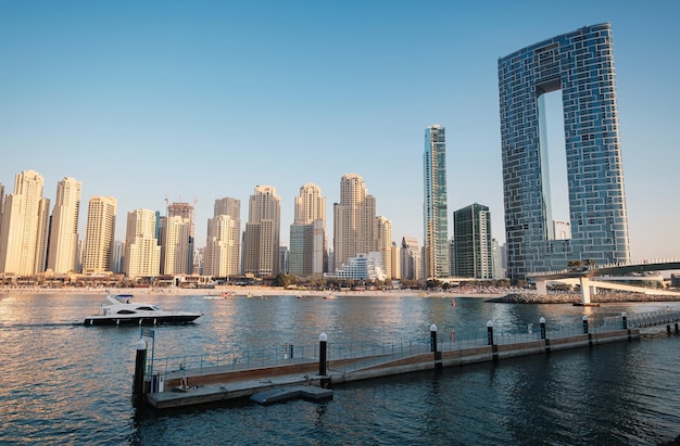 Dubai UAE February 15 2020 Marina JBR Beach Sea water font tall buildings