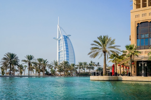 Dubai. Water oasis on site Madinat Jumeirah Mina A Salam. A view of the famous hotel Burj al Arab.