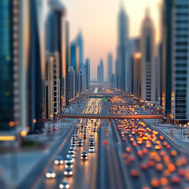 Dubais Sheikh Zayed Road downtown with busy cars and highrise buildings tiltshift photography