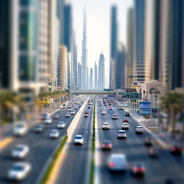 Dubais Sheikh Zayed Road downtown with busy cars and highrise buildings tiltshift photography