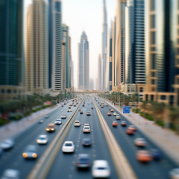 Photo dubais sheikh zayed road downtown with busy cars and highrise buildings tiltshift photography