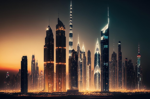 Dubais skyline with city lights shining at dusk place of travel