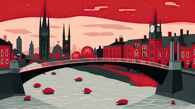 Dublin abstract city is shown in a highquality twodimensional stylized paintinglike graphic