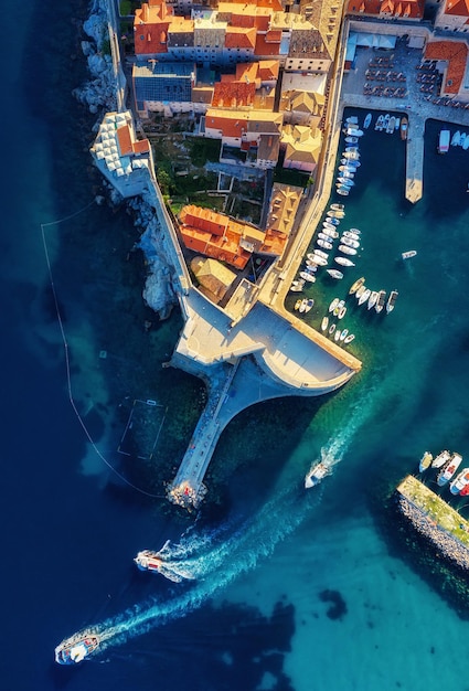 Dubrovnik Croatia Aerial landscape Town and sea Top view from drone on the old castle and azure sea Travel image