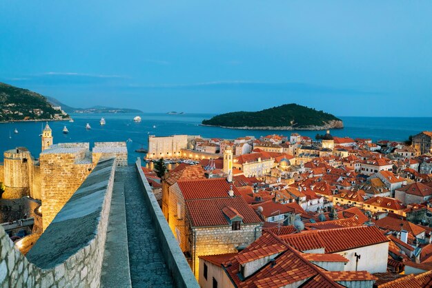 Dubrovnik old city, Lokrum Island and Adriatic sea at dusk, Croatia