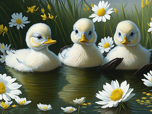 duck chicks pond daisies greeting warmly magazine oil Ai generation