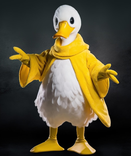 A duck costume with a yellow cape and yellow scarf.