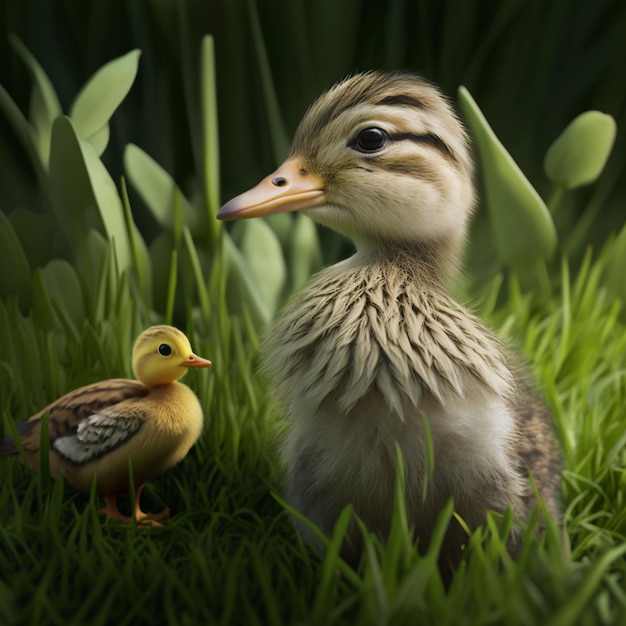 A duck and a duck are standing in the grass.