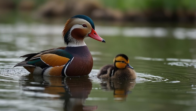 a duck and duck are swimming in a pond