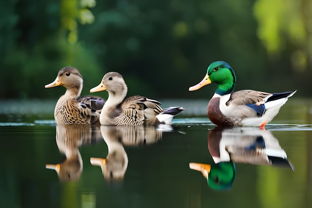 A duck and a duck swimming in a pond