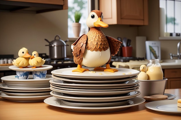 a duck figurine sits on top of a stack of plates