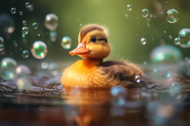 a duck floating in a pond with bubbles