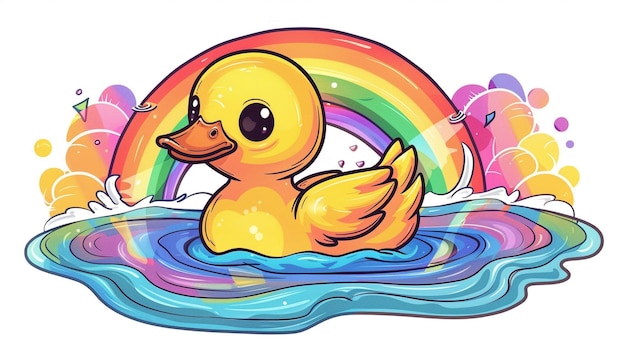 a duck floating in the water with a rainbow in the background