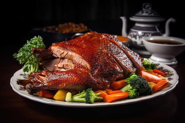 Duck fried and seasoned to perfection served with vegetables on side created with generative ai