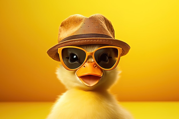 Photo duck in hat and glasses with yellow background