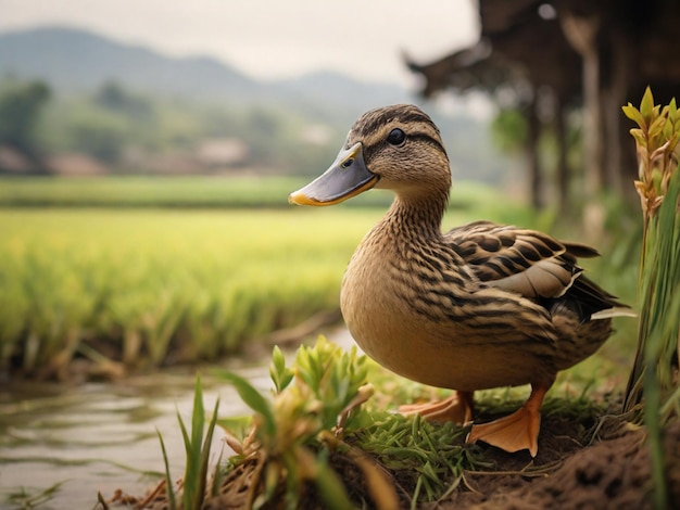 a duck is looking for food in the rice fields