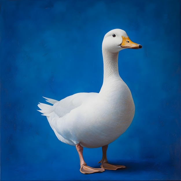 a duck is standing in front of a blue background