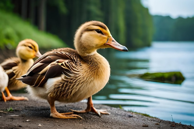 A duck is standing on a ledge next to a lake.