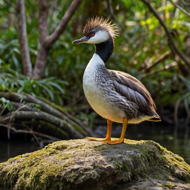 Photo a duck is standing on a log in front of a pond