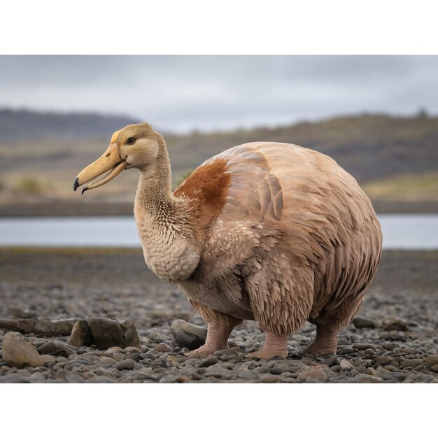 Photo a duck is standing on a rocky shore with a lake in the background