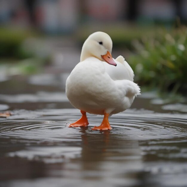 Photo a duck is standing in the water with a duck in its beak