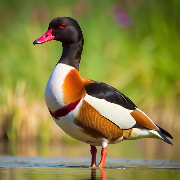 a duck is standing in the water with a red beak