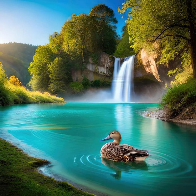 A duck is swimming in a blue pool with a waterfall in the background.