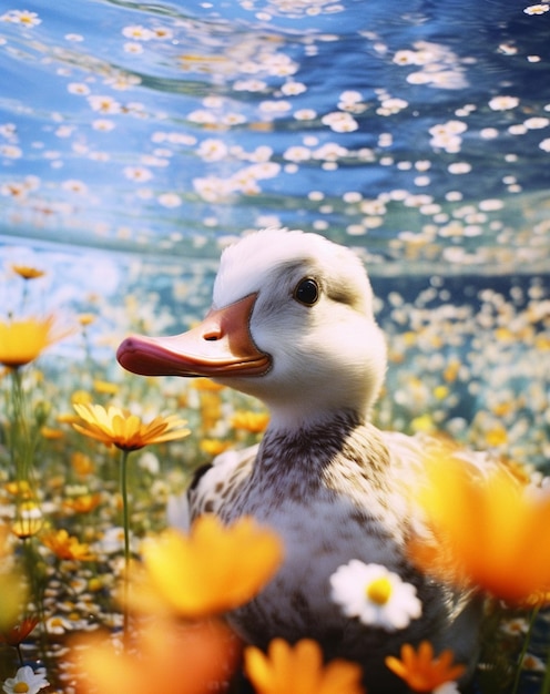 Photo a duck is swimming in a field of flowers.