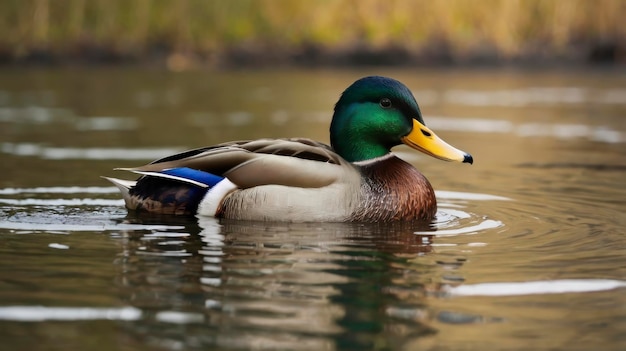 a duck is swimming in a pond with a blue patch on its head