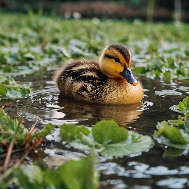 Photo a duck is swimming in a pond with leaves and water lilies