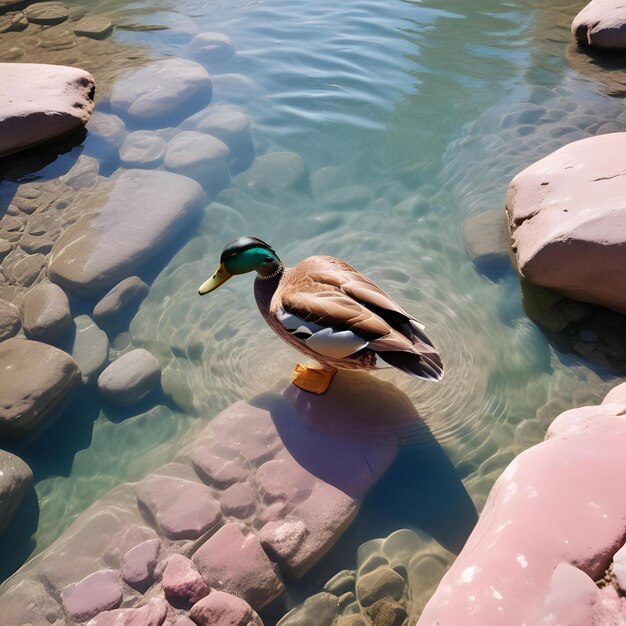 Photo a duck is swimming in a pond with rocks in the water