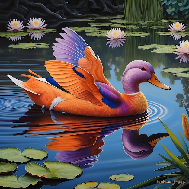 a duck is swimming in a pond with water lilies in it